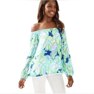 Lilly Pulitzer Women's Enna Resort Navy & Green Bardot Pom Pom Top in Size M